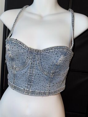 PacSun Light Blue Studded Denim Bustier Crop Top